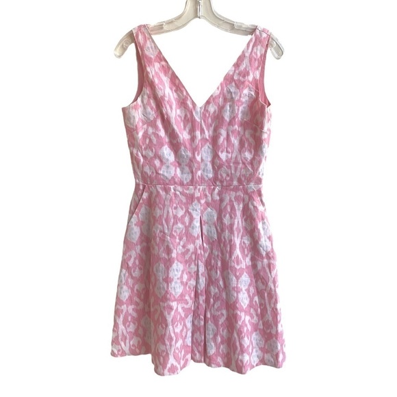 GAP Pink Ikat Print 100% Linen V Neckline Sleeveless Women 2 Fit Flare Dress - Picture 1 of 16